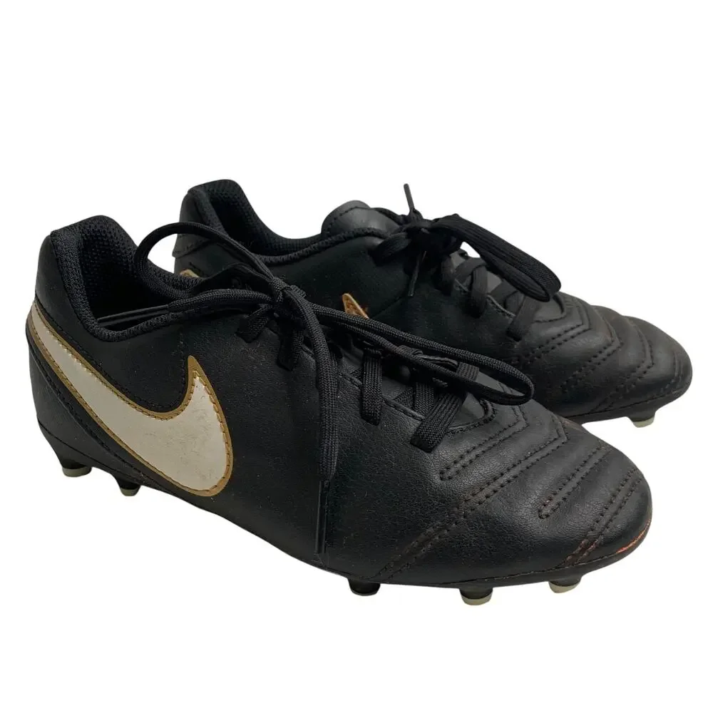 Nike Tiempo Rio III FG Boys Sz 1 Youth Soccer Cleats Black White Gold Leather